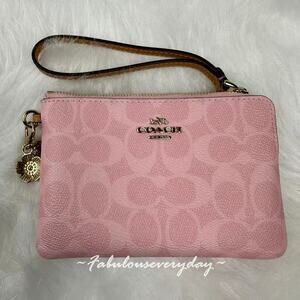 Coach Corner Zip Wristlet In Signature Canvas With Charms Powder Pink CEF72 NWT